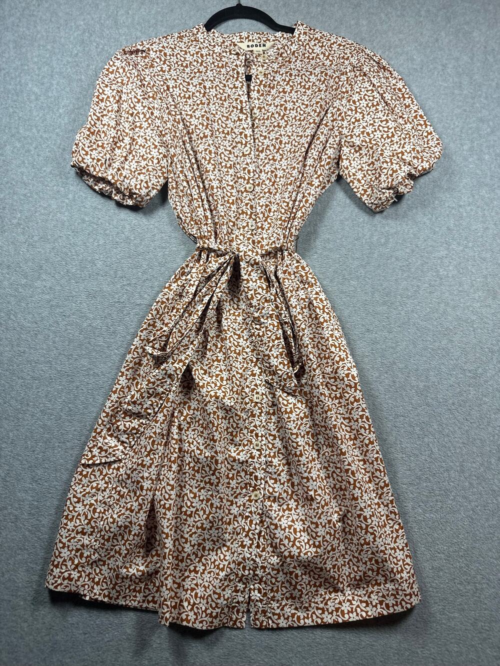 Boden Midi Dress Women's Size 10L Brown Floral Short Puff Sleeves Belted Waist